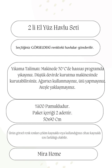 2 li Lüks El Yüz Havlu Seti 50x90 Cm %100 Pamuklu Gramajlı Sija - 12