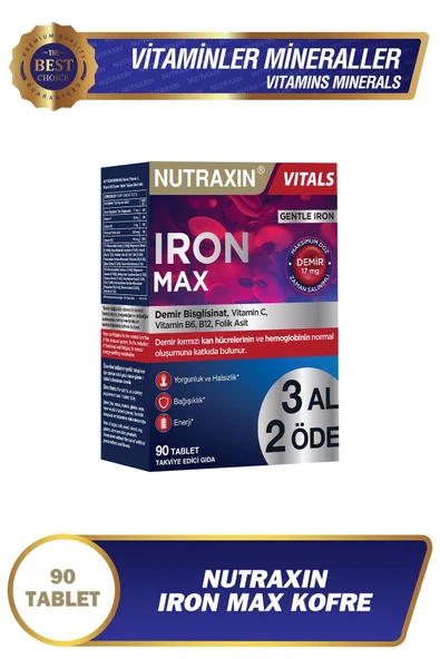 Nutraxin Iron Max 17 Mg 90 Tablet Avantajlı Paket - Gentle Iron, Vitamin C, B12, B6, 3 Aylık Kullanı ürün görseli