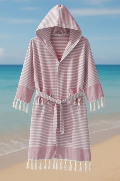 Kapşonlu Unisex Peştemal Plaj Bornozu %100 Pamuklu Seaside Stripe - 11