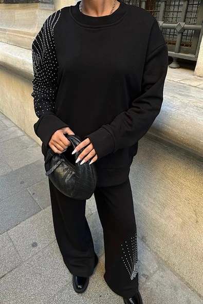 Gümüş Taşlı Detaylı ve Bisiklet Yaka Uzun Kollu Oversize Kadın Bluz Pantolon Takımı (2 Parça) Siyah - 2