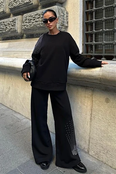Gümüş Taşlı Detaylı ve Bisiklet Yaka Uzun Kollu Oversize Kadın Bluz Pantolon Takımı (2 Parça) Siyah - 5