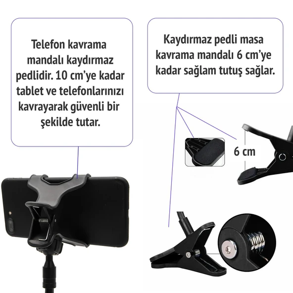 UpWay Katlanabilir  Masaüstü Telefon Standı ve Esnek Kollu Mandallı Akrobat Telefon Tutucu - 4