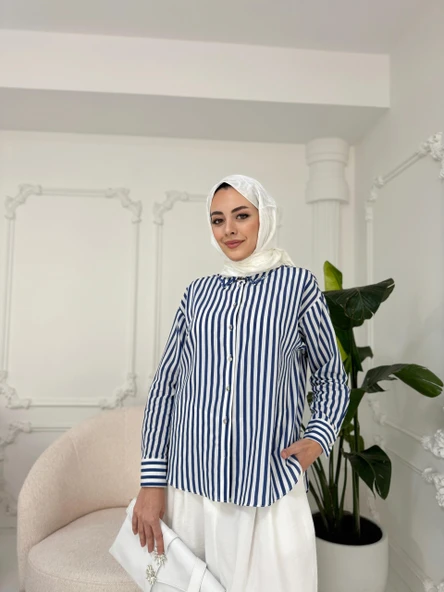 YAKASI BONCUKLU ÇİZGİLİ GÖMLEK - 4