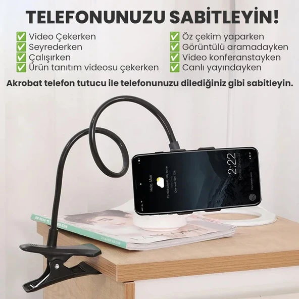 UpWay Katlanabilir  Masaüstü Telefon Standı ve Esnek Kollu Mandallı Akrobat Telefon Tutucu - 3