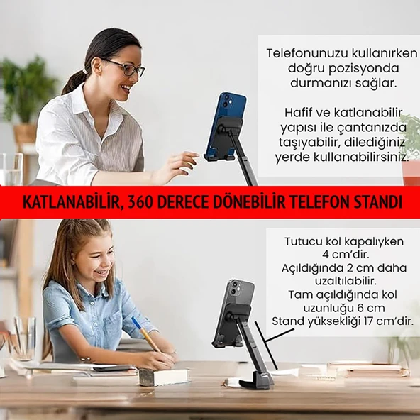 UpWay Katlanabilir  Masaüstü Telefon Standı ve Esnek Kollu Mandallı Akrobat Telefon Tutucu - 5