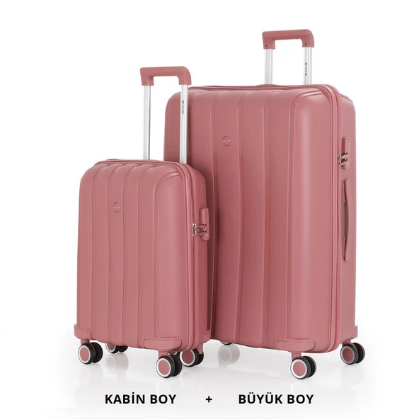 MÇS Bavul Büyük ve Kabin 2li Set Kırılmaz Silikon Valiz V305 KoyuPudra
