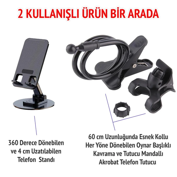 UpWay Katlanabilir  Masaüstü Telefon Standı ve Esnek Kollu Mandallı Akrobat Telefon Tutucu - 2