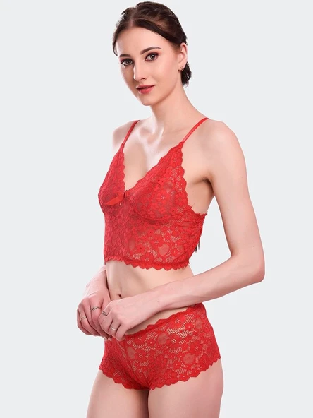 ASM1316 Kadın 2 Lİ Kırmızı Kapsız Dantel Bralet Şortlu Takım 6510 - Resim 4