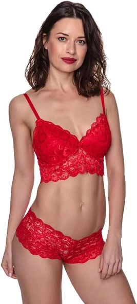 ASM1316 Kadın 2 Lİ Kırmızı Kapsız Dantel Bralet Şortlu Takım 6510 - Resim 5