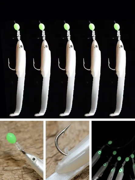 Eagenset Silikon Balıklı Çapari 5.5 Cm (2 Adet) Silikon At Çek Takımı Beyaz Fosforlu Glow Gözler ve Fosforlu Glow Boncuklu - 8