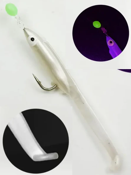 Eagenset Silikon Balıklı Çapari 5.5 Cm (2 Adet) Silikon At Çek Takımı Beyaz Fosforlu Glow Gözler ve Fosforlu Glow Boncuklu - 12