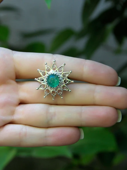 Doğal Taş Yeşil Akik Doğal Taşlı Yıldız Model Telkari Kadın Ayarlanabilir Gümüş Kaplama Yüzük euy60yar - Resim 3