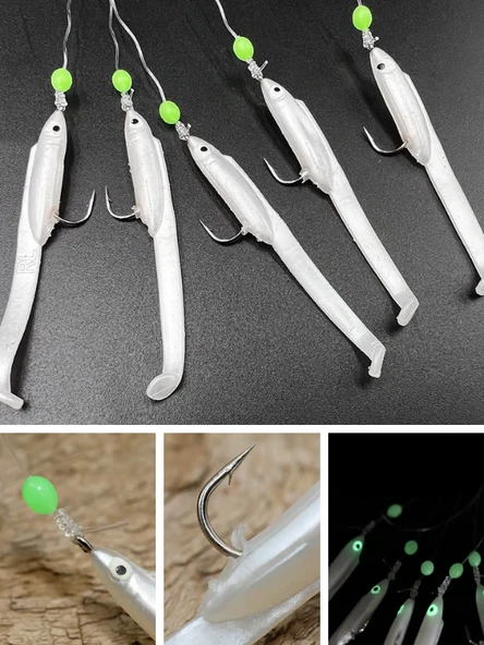 Eagenset Silikon Balıklı Çapari 5.5 Cm (2 Adet) Silikon At Çek Takımı Beyaz Fosforlu Glow Gözler ve Fosforlu Glow Boncuklu