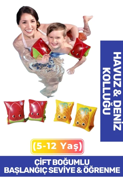 Meyve Desenli Başlangıç Seviye Çift Boğumlu 5-12 Yaş Çocuk Deniz Havuz Yüzme Öğrenme Şişme Kolluğu