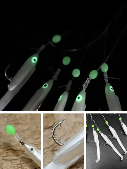 Eagenset Silikon Balıklı Çapari 5.5 Cm (2 Adet) Silikon At Çek Takımı Beyaz Fosforlu Glow Gözler ve Fosforlu Glow Boncuklu - 2