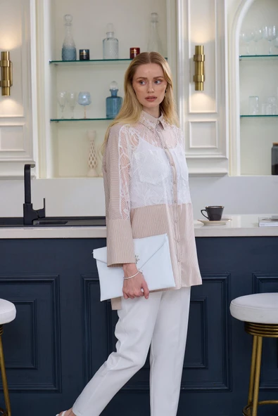 ÇİZGİLİ FRANSIZ DANTEL DETAYLI GÖMLEK - 5