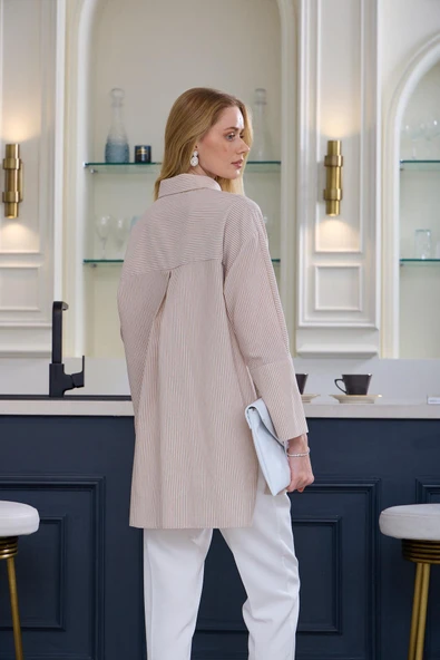 ÇİZGİLİ FRANSIZ DANTEL DETAYLI GÖMLEK - 6