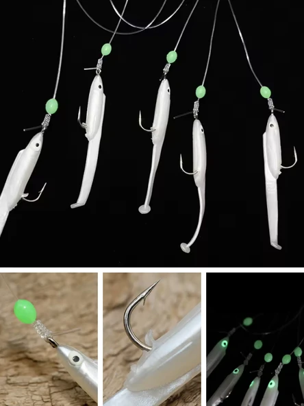 Eagenset Silikon Balıklı Çapari 5.5 Cm (2 Adet) Silikon At Çek Takımı Beyaz Fosforlu Glow Gözler ve Fosforlu Glow Boncuklu - 10