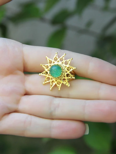 Doğal Taş Yeşil Akik Doğal Taşlı Yıldız Model Telkari Kadın Ayarlanabilir Altın Kaplama Yüzük euy60yag - Resim 3