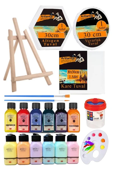 Kare Yuvarlak ve Altıgen Tuval 30 cm 12 Renk 75 ml Akrilik Boya Şövale 1 Paket 30x30 cm Arkadan Zımbalı Astarlı Resim