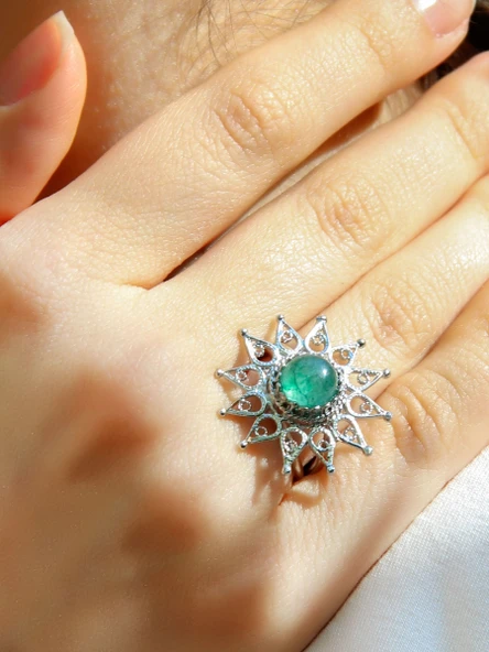 Doğal Taş Yeşil Akik Doğal Taşlı Yıldız Model Telkari Kadın Ayarlanabilir Gümüş Kaplama Yüzük euy60yar - Resim 2