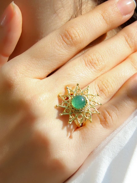 Doğal Taş Yeşil Akik Doğal Taşlı Yıldız Model Telkari Kadın Ayarlanabilir Altın Kaplama Yüzük euy60yag - Resim 2