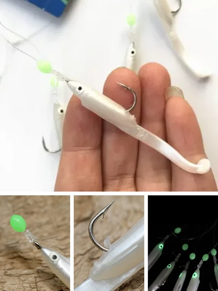 Eagenset Silikon Balıklı Çapari 5.5 Cm (2 Adet) Silikon At Çek Takımı Beyaz Fosforlu Glow Gözler ve Fosforlu Glow Boncuklu - 11