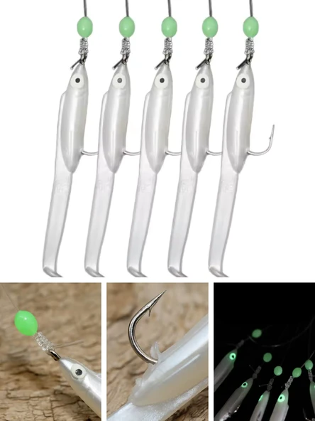 Eagenset Silikon Balıklı Çapari 5.5 Cm (2 Adet) Silikon At Çek Takımı Beyaz Fosforlu Glow Gözler ve Fosforlu Glow Boncuklu - 7