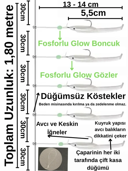 Eagenset Silikon Balıklı Çapari 5.5 Cm (2 Adet) Silikon At Çek Takımı Beyaz Fosforlu Glow Gözler ve Fosforlu Glow Boncuklu - 3