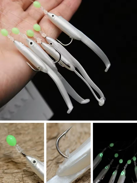Eagenset Silikon Balıklı Çapari 5.5 Cm (2 Adet) Silikon At Çek Takımı Beyaz Fosforlu Glow Gözler ve Fosforlu Glow Boncuklu - 5