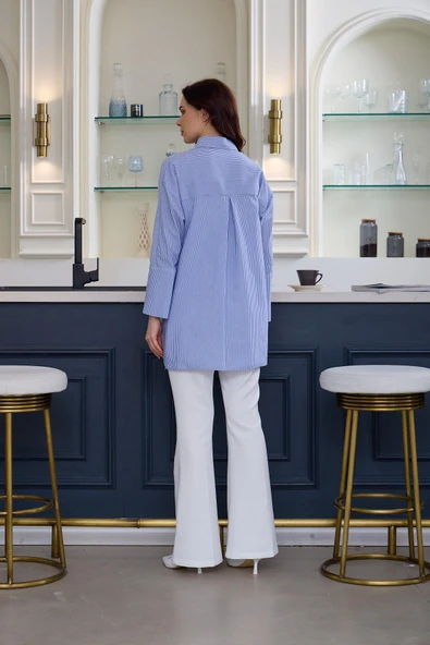 ÇİZGİLİ FRANSIZ DANTEL DETAYLI GÖMLEK - 3