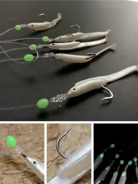 Eagenset Silikon Balıklı Çapari 5.5 Cm (2 Adet) Silikon At Çek Takımı Beyaz Fosforlu Glow Gözler ve Fosforlu Glow Boncuklu - 9