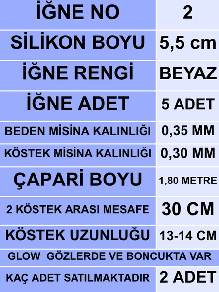 Eagenset Silikon Balıklı Çapari 5.5 Cm (2 Adet) Silikon At Çek Takımı Beyaz Fosforlu Glow Gözler ve Fosforlu Glow Boncuklu - 4