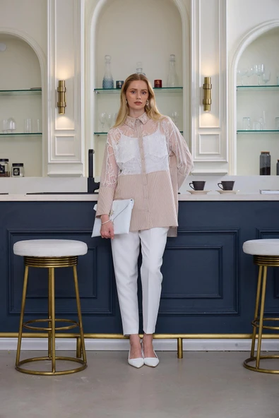 ÇİZGİLİ FRANSIZ DANTEL DETAYLI GÖMLEK - 4