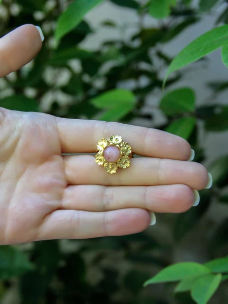 Doğal Taş Pembe Kuvars Doğal Taşlı Çiçek Model Telkari Kadın Ayarlanabilir Altın Kaplama Yüzük euy61pkg - Resim 3