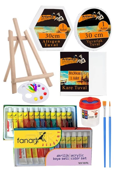 Kare Yuvarlak ve Altıgen Tuval 30 cm Fanart 12 Renk 12 ml Tüp Akrilik Boya Şövale 1 Paket Arkadan Zımbalı 30x30 cm Tuval