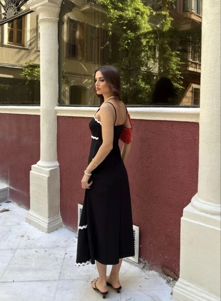 Askılı Uzun Şerit Detaylı Şık Ve Rahat Elbise - Siyah - 3