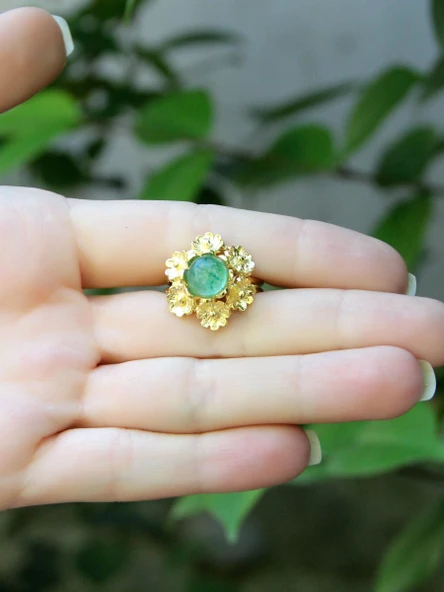 Doğal Taş Yeşil Akik Doğal Taşlı Çiçek Model Telkari Kadın Ayarlanabilir Altın Kaplama Yüzük euy61yag - Resim 3