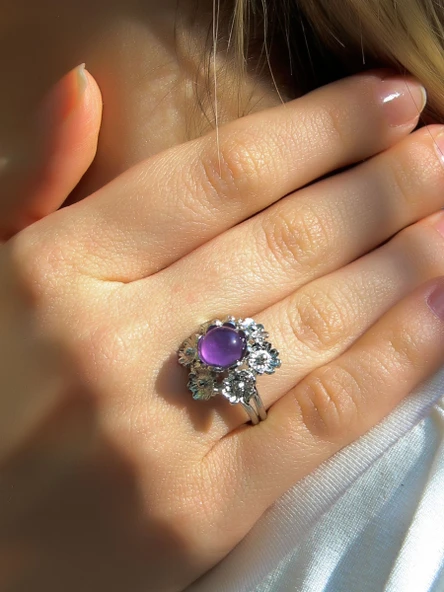 Doğal Taş Ametist Doğal Taşlı Çiçek Model Telkari Kadın Ayarlanabilir Gümüş Kaplama Yüzük euy61amtr - Resim 2