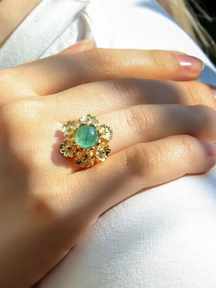 Doğal Taş Yeşil Akik Doğal Taşlı Çiçek Model Telkari Kadın Ayarlanabilir Altın Kaplama Yüzük euy61yag - Resim 2