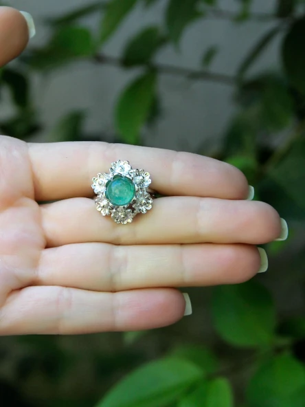 Doğal Taş Yeşil Akik Doğal Taşlı Çiçek Model Telkari Kadın Ayarlanabilir Gümüş Kaplama Yüzük euy61yar - Resim 3