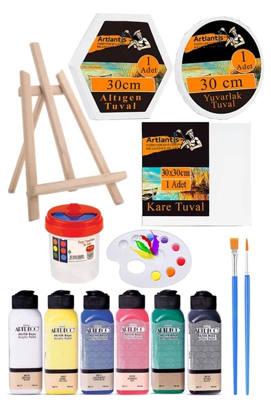 Kare Yuvarlak ve Altıgen Tuval 30 cm 6 Renk 140 ml Akrilik Boya Şövale 1 Paket 30x30 cm Arkadan Zımbalı Astarlı Resim