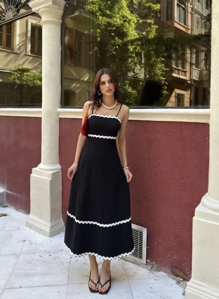 Askılı Uzun Şerit Detaylı Şık Ve Rahat Elbise - Siyah - 2