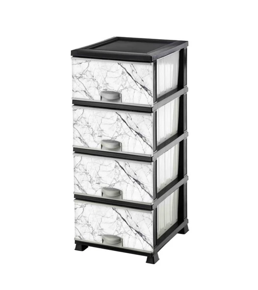 Omnipazar ELF-N298 Beyaz Mermer Desenli Plastik Mutfak Komidin Sebzelik 4 Katlı