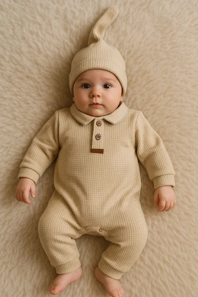 Waffle Desenli Yakalı Erkek Bebek Tulum % 100 Pamuk ürün görseli