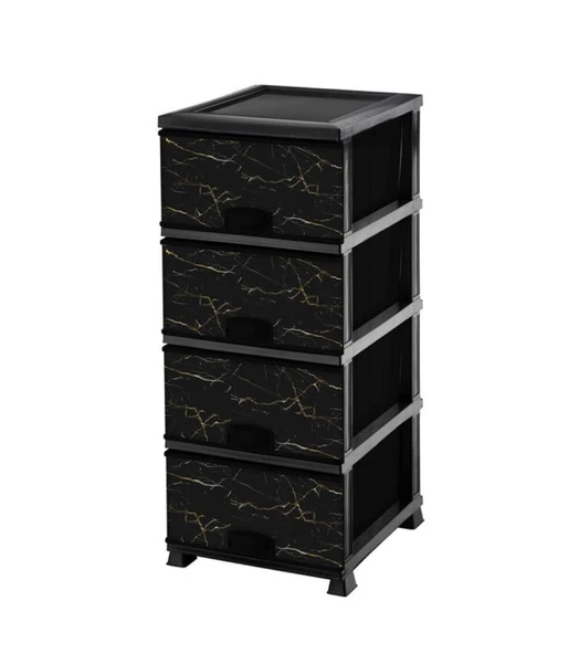 Omnipazar ELF-N298 Siyah Mermer Desenli Plastik Mutfak Komidin Sebzelik 4 Katlı