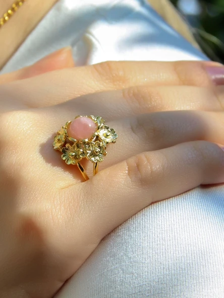 Doğal Taş Pembe Kuvars Doğal Taşlı Çiçek Model Telkari Kadın Ayarlanabilir Altın Kaplama Yüzük euy61pkg - Resim 2