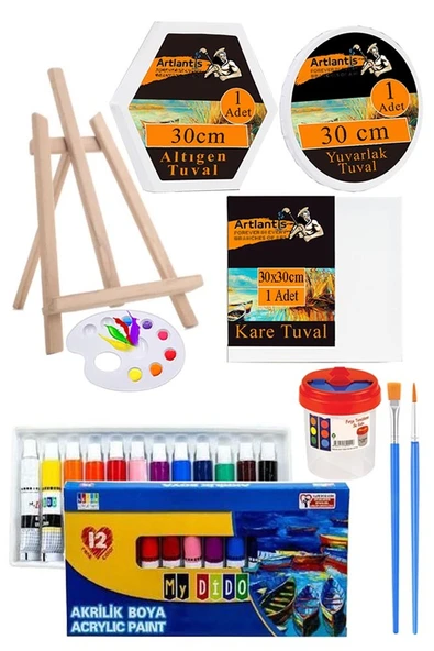 Kare Yuvarlak ve Altıgen Tuval 30 cm Mydido 12 Renk 12 ml Tüp Akrilik Boya Şövale 1 Paket Arkadan Zımbalı 30x30 cm Tuval