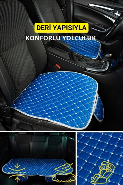 Opel Corsa Deri Silinebilir Cepli Oto Kılıf-Minder Oturak Seti (3 parça) Mavi - 4