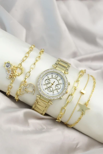 Gold Metal Taşlı Kasa Kadın Kol Saati ve Bileklik Kombini BK 3615